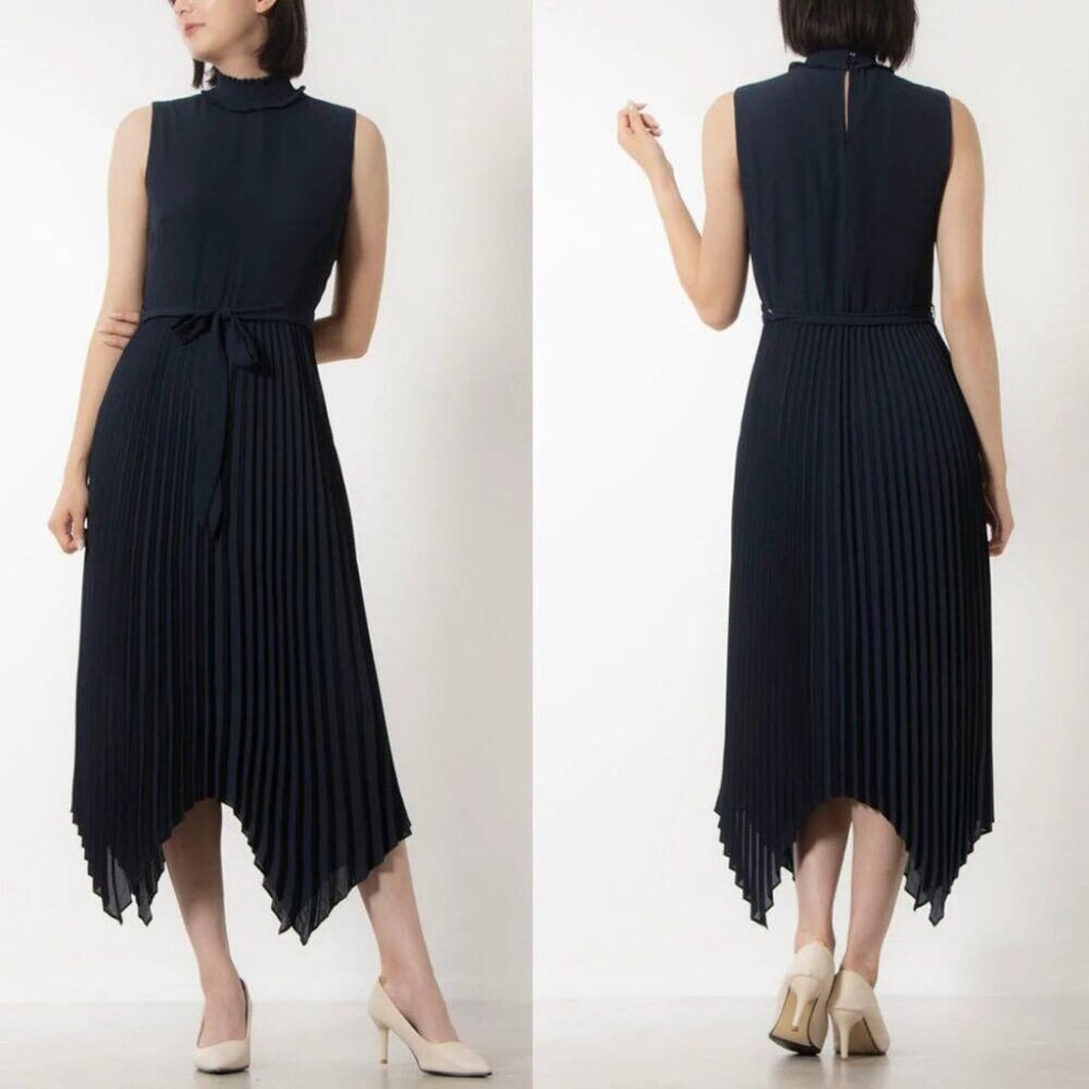 Nanette Lepore NWT navy blue sleeveless Handkerchief pleated high neck dress, 8